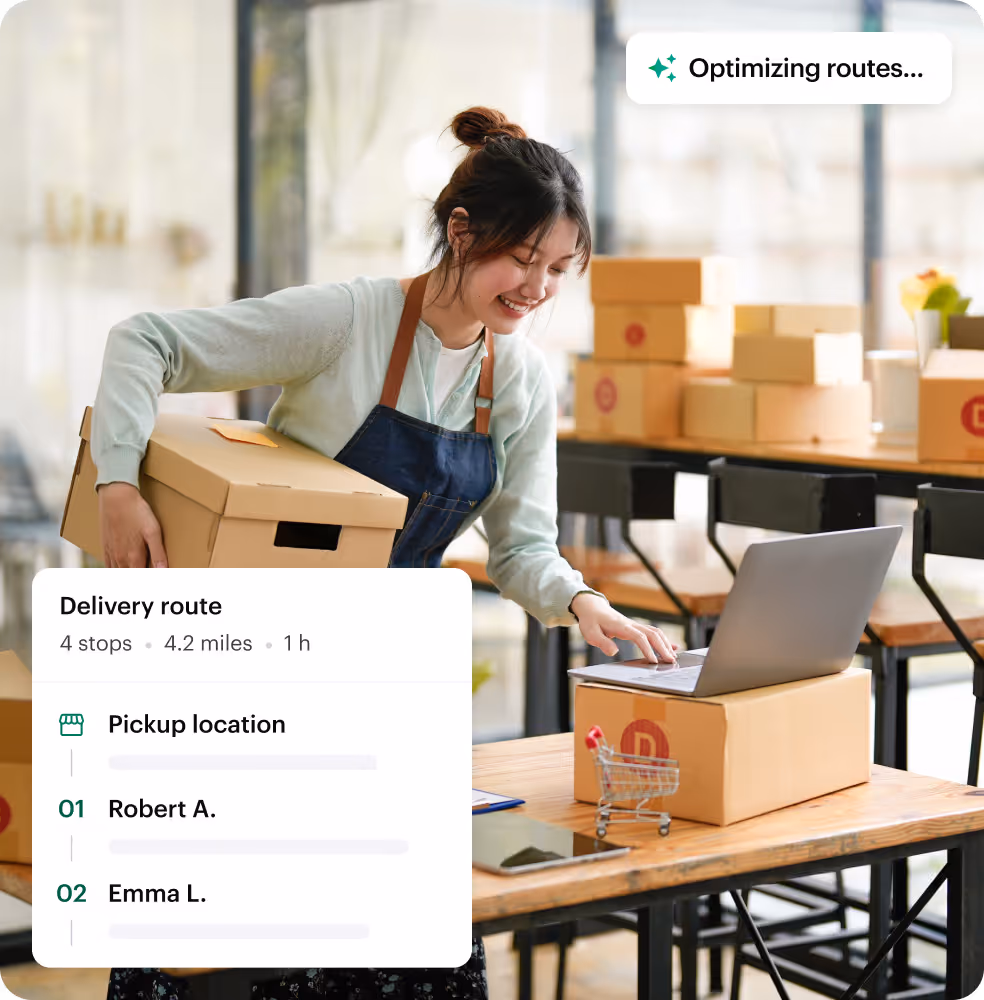 Courier business owner packing boxes while Shipday optimizes a delivery route with two stops