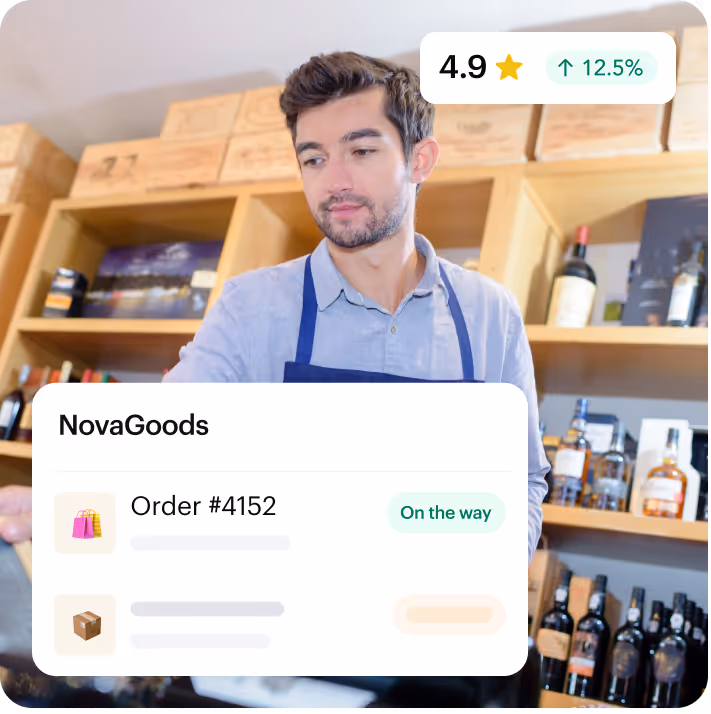 Shop owner packing an online order, with a NovaGoods order on the way and a 4.9 rating from Shipday
