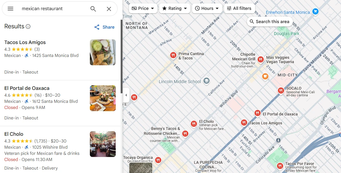 When a customer searches Google Maps for restaurants near them, the business’ Google ratings are prominently featured. (Source: Google Maps)