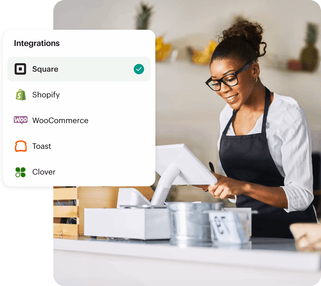 Shop owner at a POS terminal with Square, Shopify, WooCommerce, Toast, and Clover integrations listed