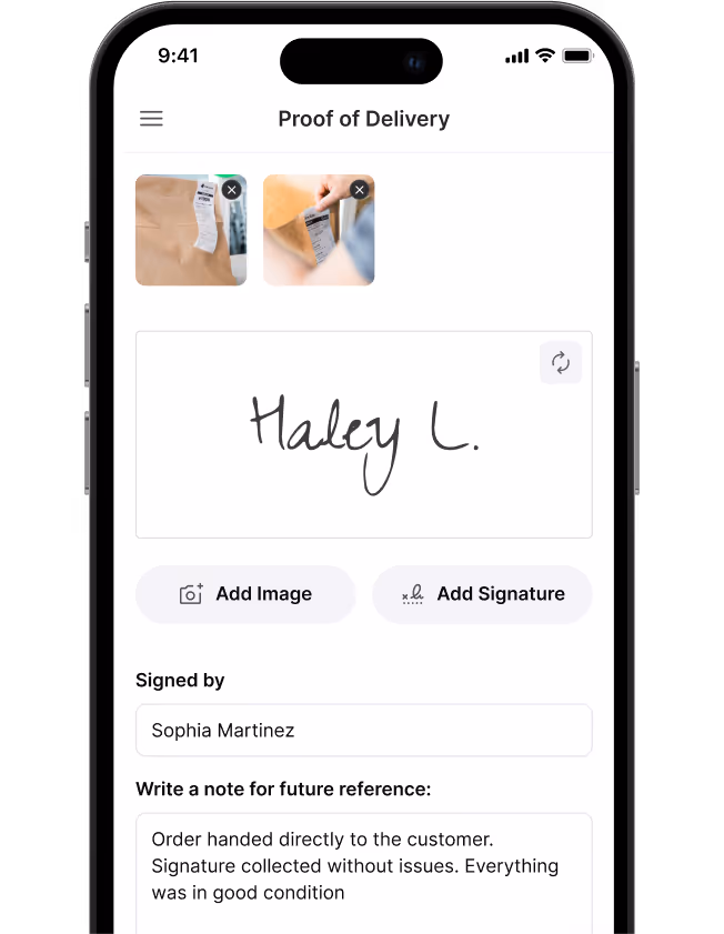 Driver handing over an order with the proof of delivery screen showing a signature