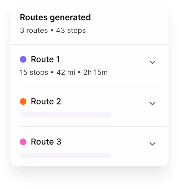 Free route planner result: 3 routes generated with 43 stops