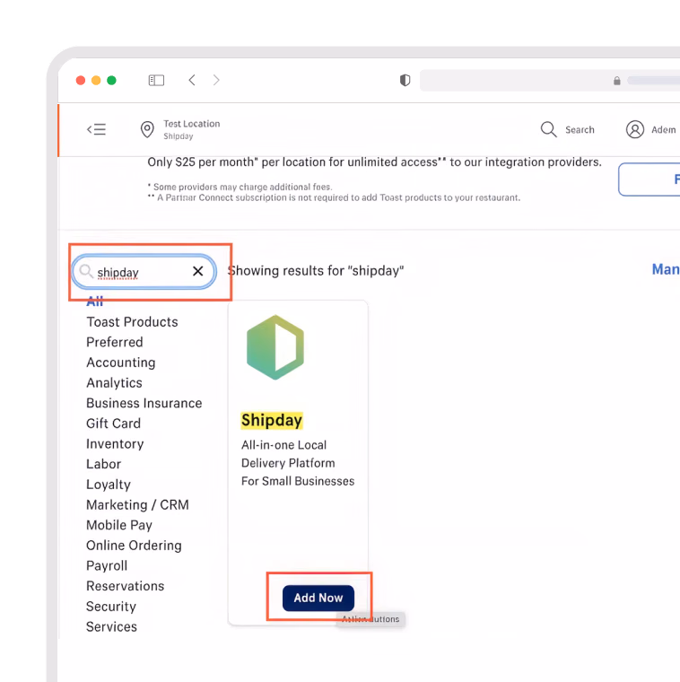 Toast integrations marketplace search for Shipday with the Add Now button highlighted