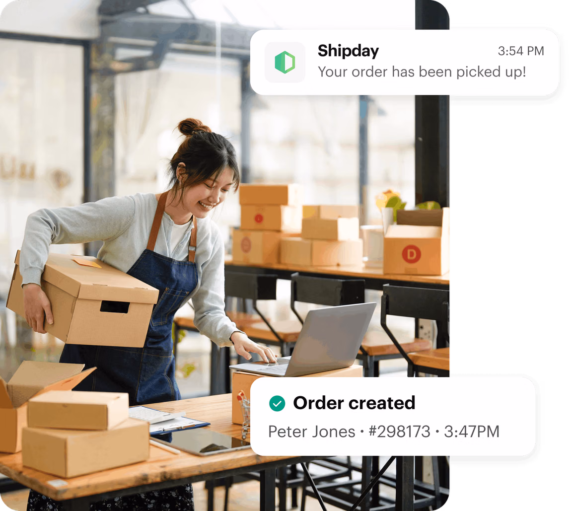 Store owner packing an order while Shipday notifies the customer that it has been picked up